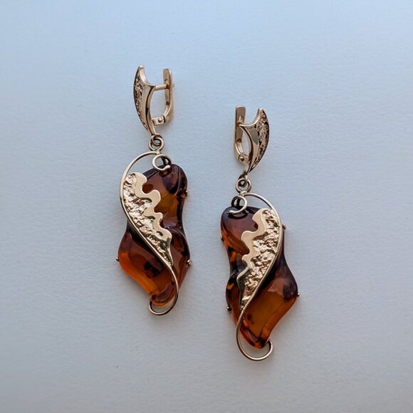 Russian Russia 14K 585 Rose Pink Gold Baltic Honey Amber Dangle Drop Earrings - Picture 7 of 9